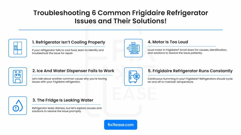 Common Frigidaire refrigerator problems: insufficient cooling, dispenser malfunctions, water leaks, and excessive noise.